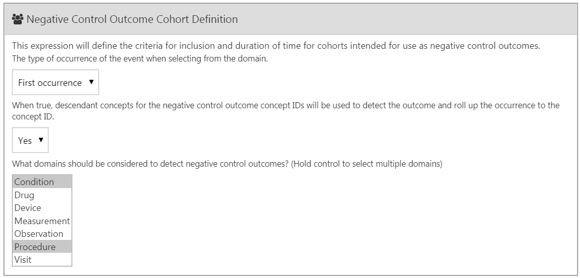 Negative control outcome cohort definition settings.